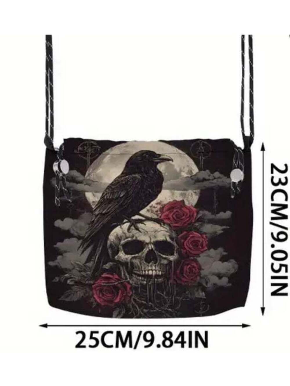 New - Vintage - Skull & Raven w/Roses Design Drawstring Crossbody /Shoulder Bag - Picture 2 of 5